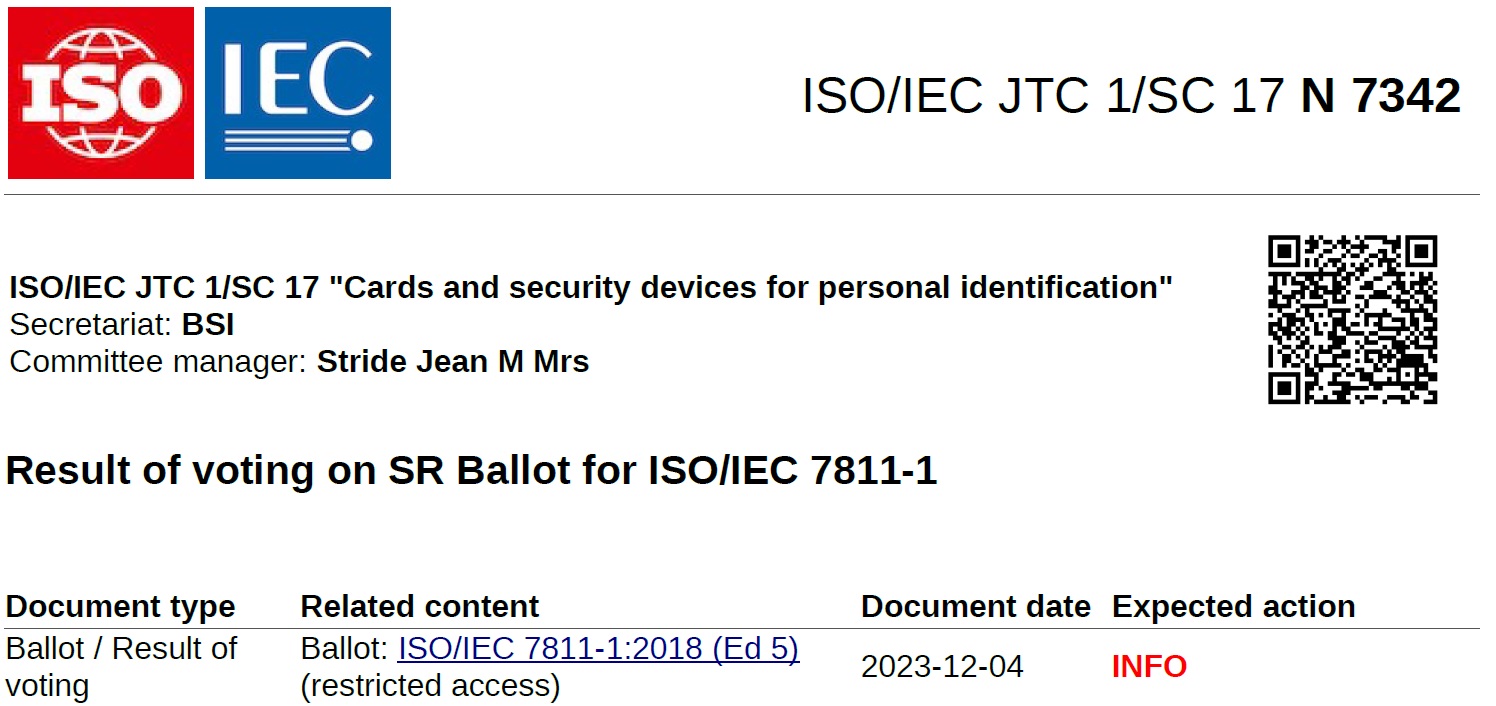 [특집-ISO/IEC JTC 1/SC 17 활동] 32. Result of voting on SR Ballot for ISO/IEC 7811-1(N 7342)