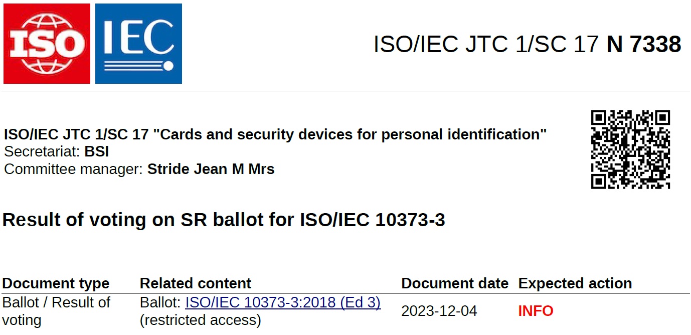 [특집-ISO/IEC JTC 1/SC 17 활동] 28. Result of voting on SR ballot for ISO/IEC 10373-3